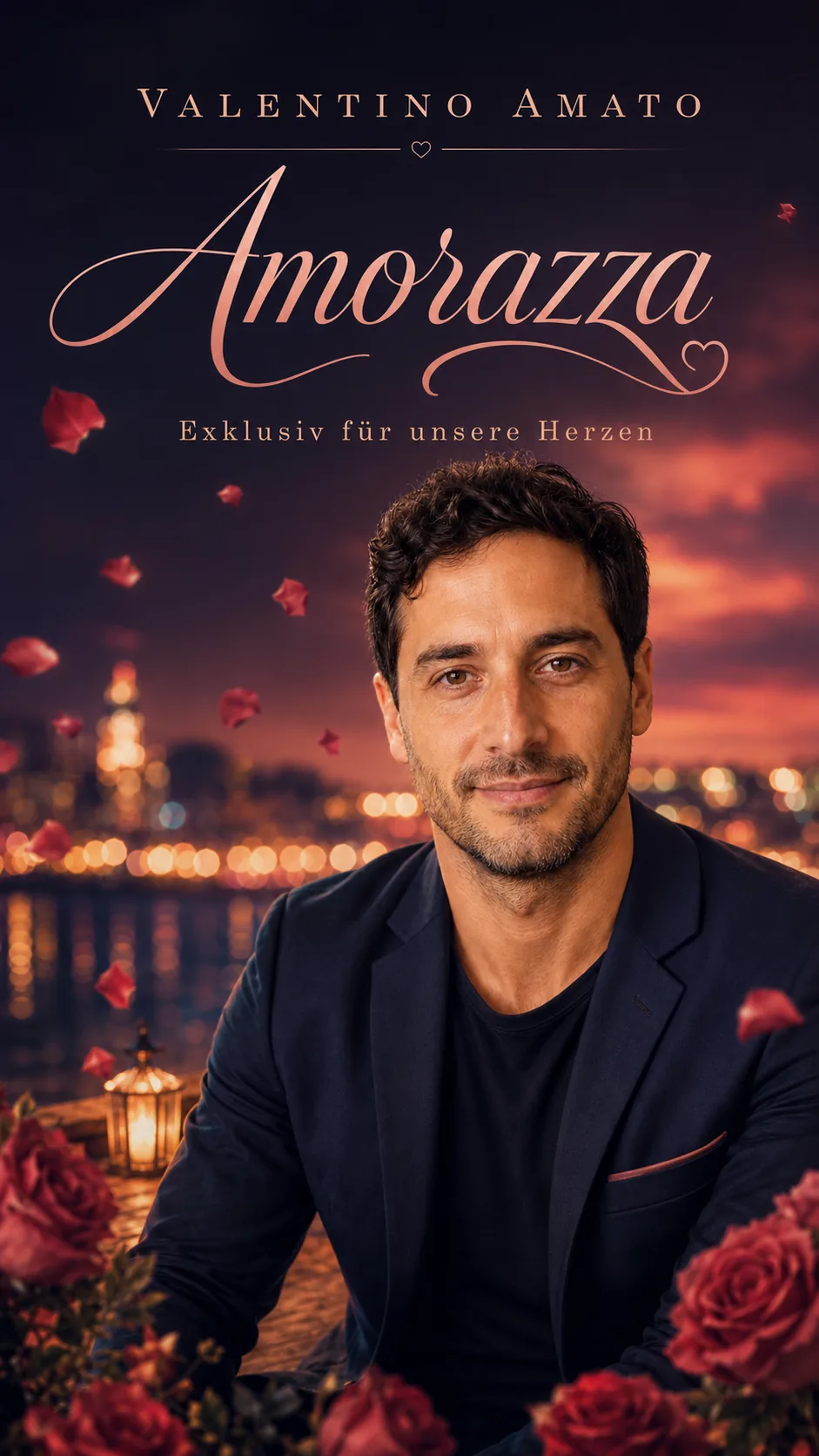 Valentino Amato vor einer Skyline im Sonnenuntergang, umgeben von roten Rosen